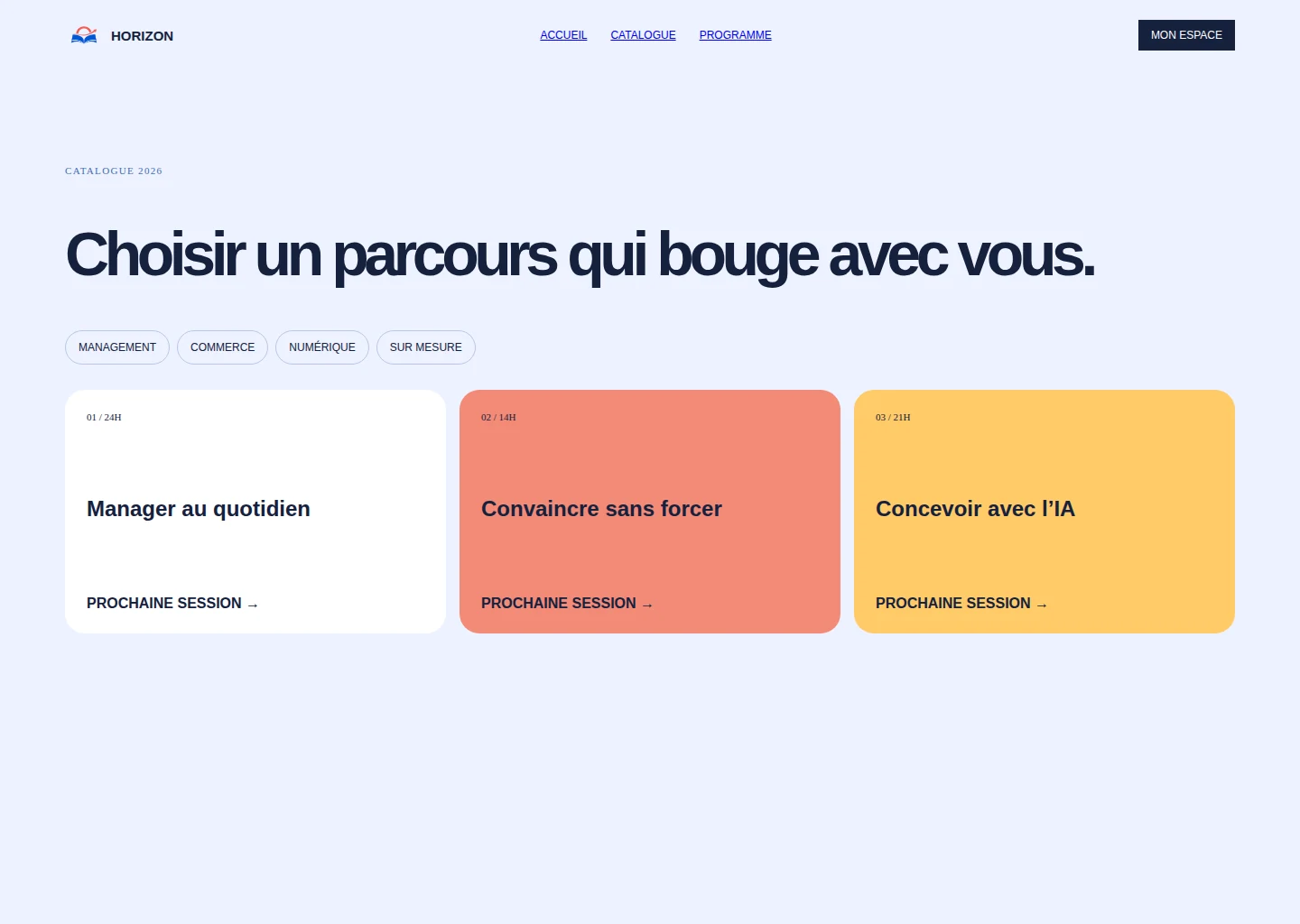 Catalogue : sélection des programmes et sessions.