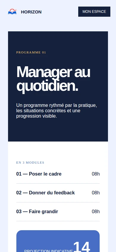 Programme mobile : modules, durée et projection de revenus.