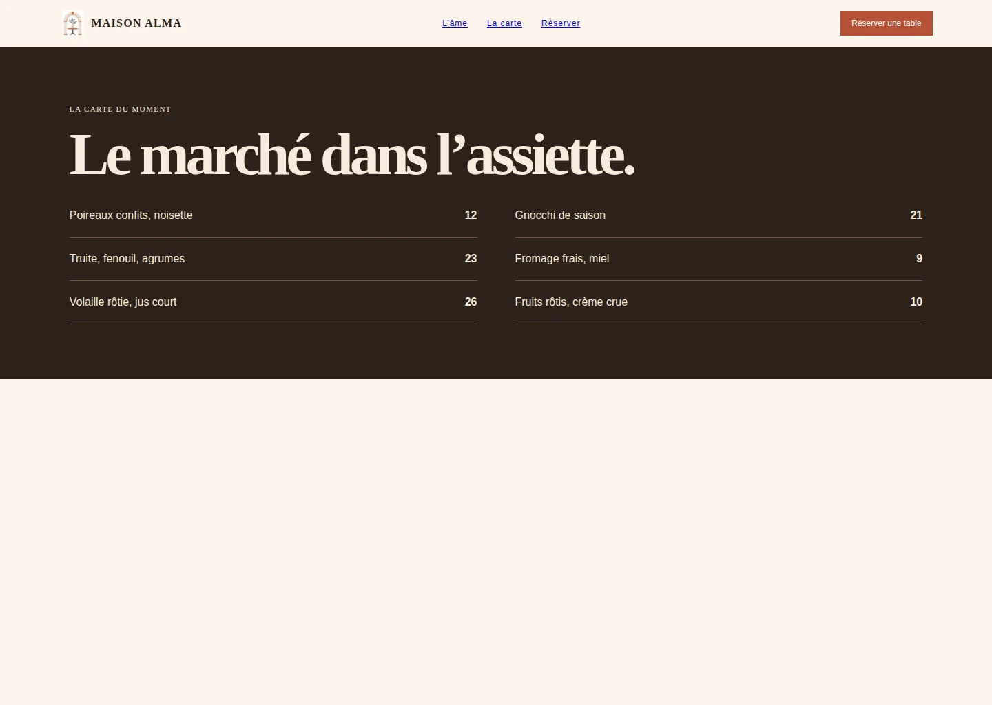Carte : lecture éditoriale de la saison et des prix.