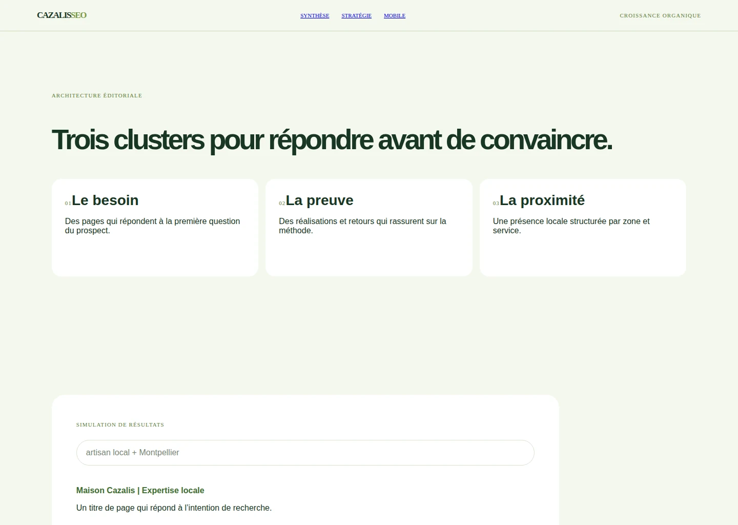 Stratégie : clusters de contenu et simulation de résultats.